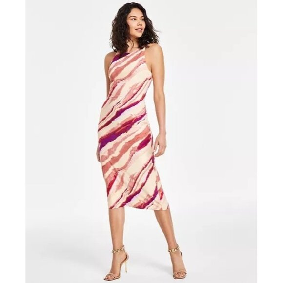 119$ Rachel Roy Painterly Stripe Printed Sheath Midi Dress Women's Size S Orange - Picture 1 of 5